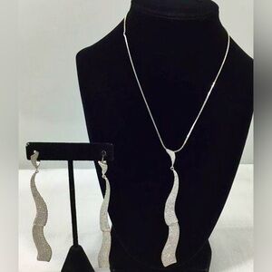 Womens 925 Sterling Silver 16” Necklace Matching CZ Twist Pendant CZ Earrings